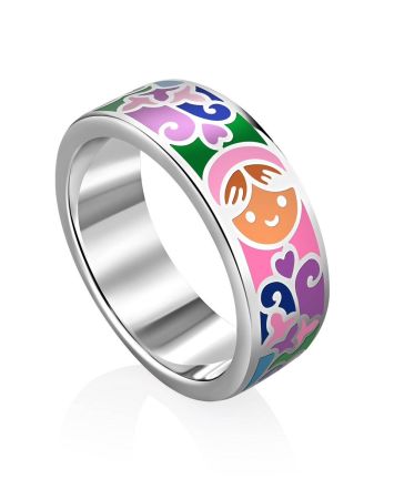 Playful Design Silver Enamel Band Ring, Ring Size: 8 / 18, image 