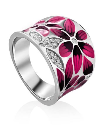 Floral Design Silver Enamel Ring, Ring Size: 8 / 18, image 