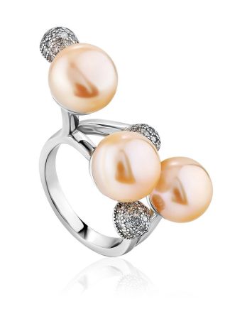 Designer Silver Pearl Adjustable Ring, Ring Size: 6.5 / 17, image 