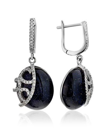 Voluptuous Silver Aventurine Dangle Earrings With Shimmering Crystals, image 