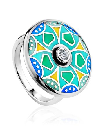 Colorful Silver Enamel Ring With Crystal Centerpiece, Ring Size: 7 / 17.5, image 