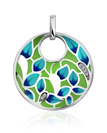 Flat Round Enamel Pendant With Crystals, image 