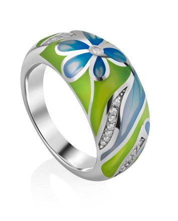 Floral Design Silver Enamel Ring, Ring Size: 7 / 17.5, image 