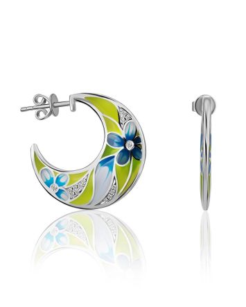Floral Design Silver Enamel Hoop Earrings, image 