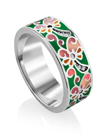 Bright Silver Enamel Band Ring With Crystals, Ring Size: 8 / 18, image 
