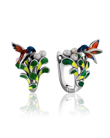 Designer Silver Enamel Earrings With Pearl, image 