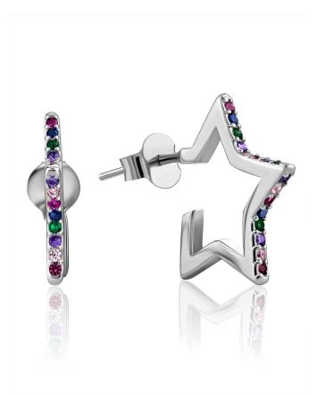 Star Shaped Silver Studs With Mix Color Crystals, image 