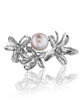 ClassyFloral Design Silver Brooch With Pearl And Crystals, image 