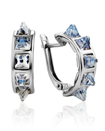 Trendy Silver Hoop Earrings With Chameleon Color Crystals, image 