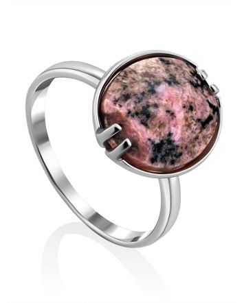 Chic Silver Ring With Faceted Oval Rhodonite Stone, Ring Size: 8.5 / 18.5, image 