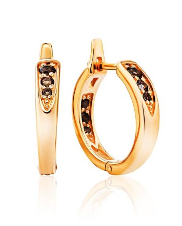 Chic Gold Plated Silver Hoops With Smoky Quartz, image 