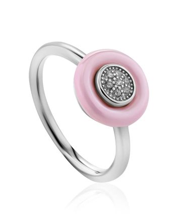 Chic Silver Crystal Ring With Pink Ceramic, Ring Size: 6.5 / 17, image 