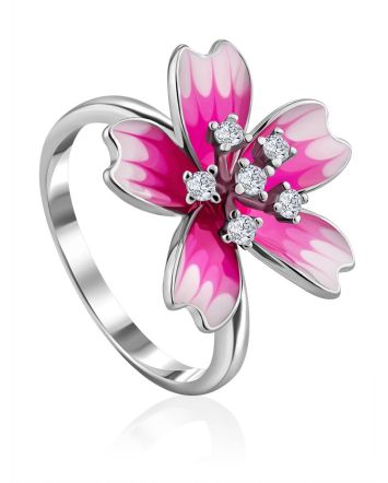 Pink Enamel Flower Ring With Crystals, Ring Size: 8 / 18, image 