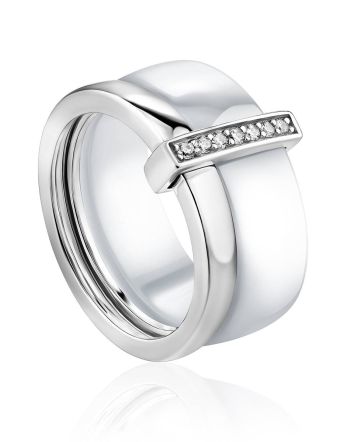 Chic Silver Ceramic Band Ring With Crystals, Ring Size: 5.5 / 16, image 