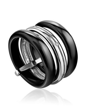 Triple Band Silver Ceramic Ring, Ring Size: 8 / 18, image 