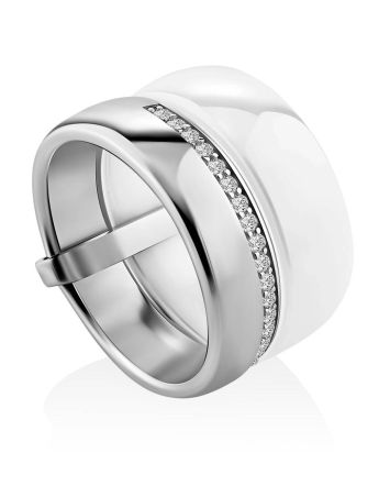 Fashionable Silver Ceramic Band Ring With Crystals, Ring Size: 5.5 / 16, image 