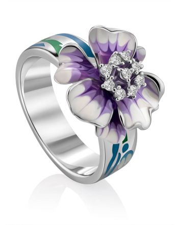 Floral Design Silver Enamel Ring, Ring Size: 8 / 18, image 