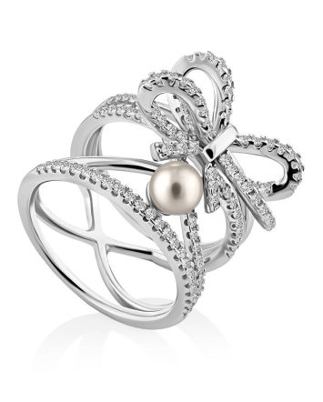 Charming Silver Bow Ring With Pearl And Crystals, Ring Size: 6 / 16.5, image 