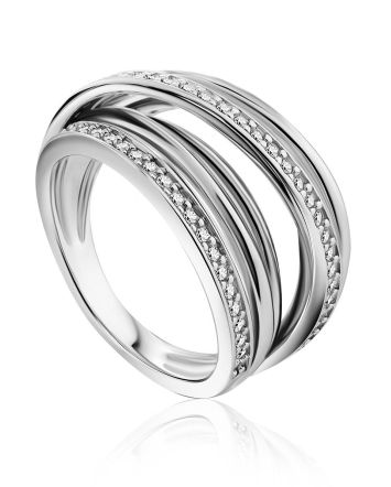 Criss Cross Design Silver Crystal Ring, Ring Size: 7 / 17.5, image 