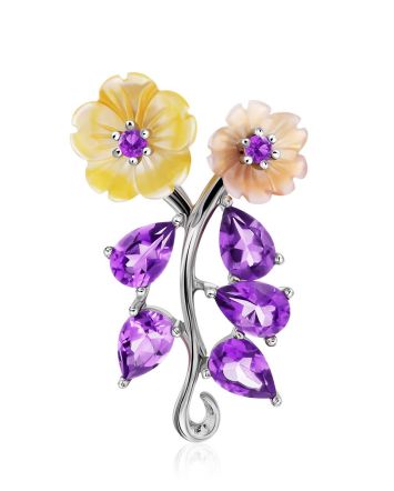 Floral Design Silver Pendant With Amethyst And Nacre, image 