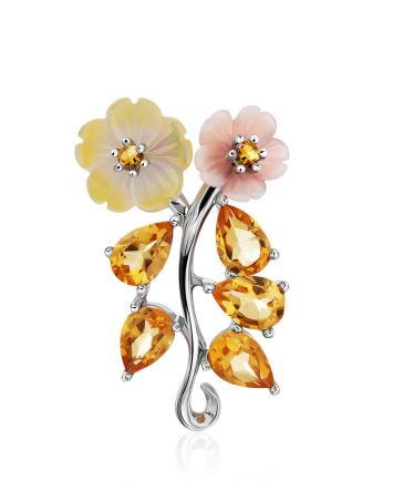 Floral Design Silver Pendant With Nacre And Citrine, image 