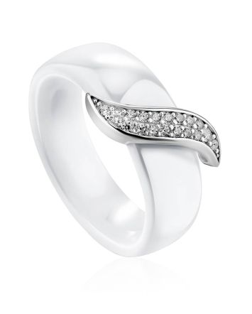Trendy White Ceramic Silver Ring With Crystal Encrusted Detail, Ring Size: 6.5 / 17, image 