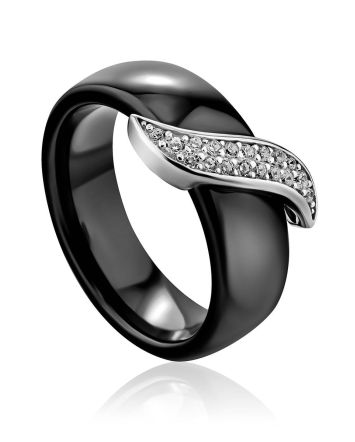 Trendy Black Ceramic Band Ring With Crystals, Ring Size: 6 / 16.5, image 