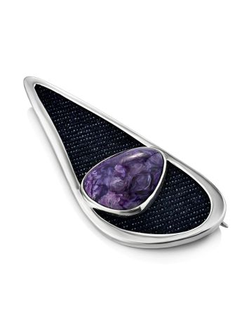 Designer Silver Brooch With Charoite And Denim, image 