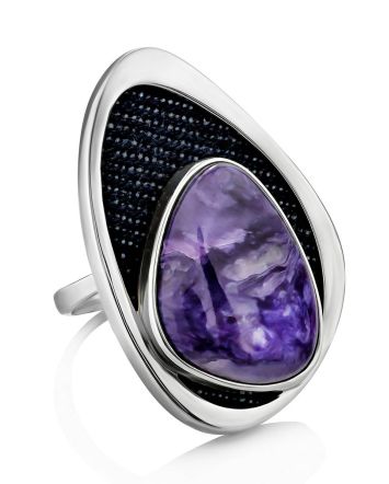 Fabulous Silver Cocktail Ring With Charoite And Denim, Ring Size: 8.5 / 18.5, image 