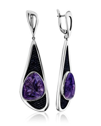 Voluminous Silver Dangle Earrings With Charoite And Demin, image 