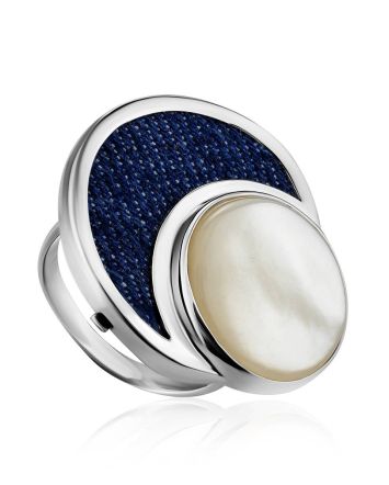 Designer Silver Cocktail Ring With Denim And Nacre, Ring Size: 8 / 18, image 