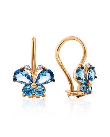 Butterfly Motif Golden Earrings With Blue Crystals, image 