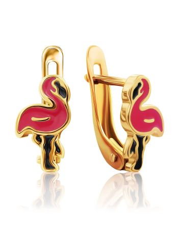 Cute Gold Enamel Flamingo Earrings, image 