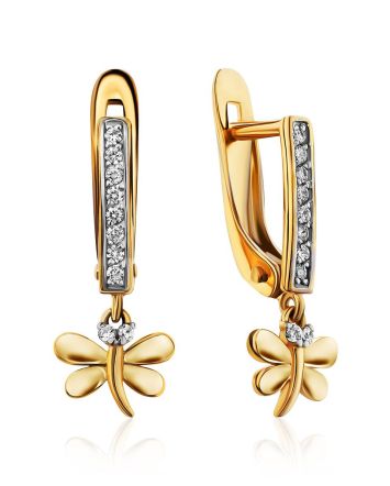 Cute Gold Crystal Dragonfly Earrings, image 