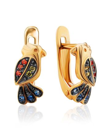 Golden Bird Earrings With Multicolor Crystals, image 