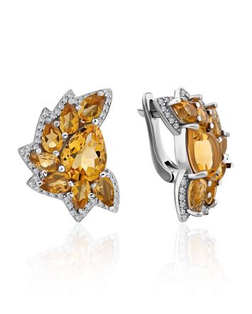 Chic Silver Earrings With Citrine And Crystals, image 