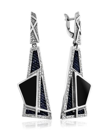 Bold Geometric Design Silver Dangles With Denim And Volcanic Glass, image 