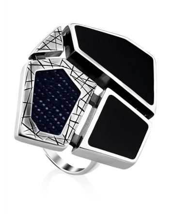Bold Silver Ring With Volcanic Glass And Denim, Ring Size: 9.5 / 19.5, image 