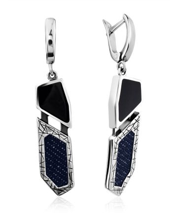 Geometric Silver Dangles With Synthetic Volcanic Glass And Denim, image 