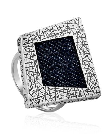 Bold Geometric Silver Ring With Denim Detail, Ring Size: 9.5 / 19.5, image 