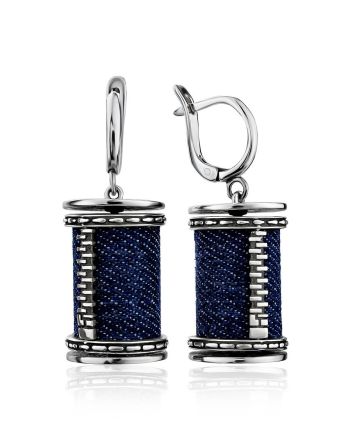 Spool Design Silver Denim Dangle Earrings, image 