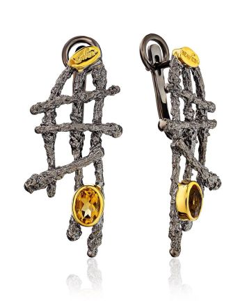 Futuristic Design Silver Citrine Earrings, image 