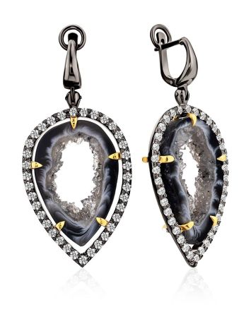 Impressive Design Silver Dangles With Agate Geode And Crystals, image 