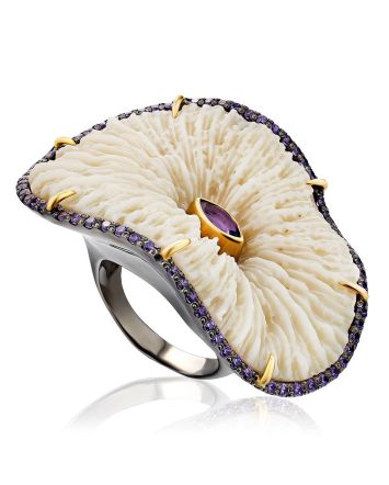 Unique Silver Cocktail Ring With Amethyst And Coral, Ring Size: 8.5 / 18.5, image 