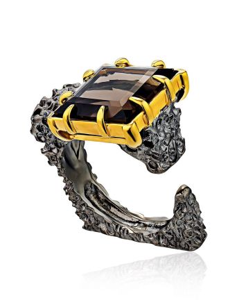 Geometric Designer Silver Ring With Smoky Quartz, Ring Size: 8 / 18, image 