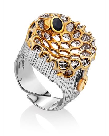 Honeycomb Motif Silver Sapphire Set, Ring Size: Adjustable, image 