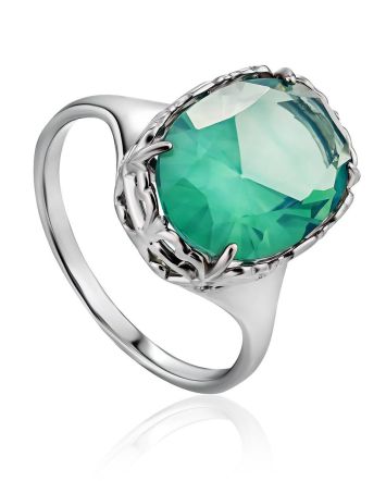 Silver Ring With Oval Green Agate Centerpiece, Ring Size: 9 / 19, image 