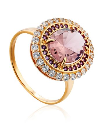 Vintage Design Gilded Silver Ring With Morganite And Crystals, Ring Size: 8.5 / 18.5, image 