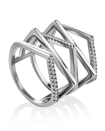 Geometric Multiband Silver Crystal Ring, Ring Size: 8 / 18, image 