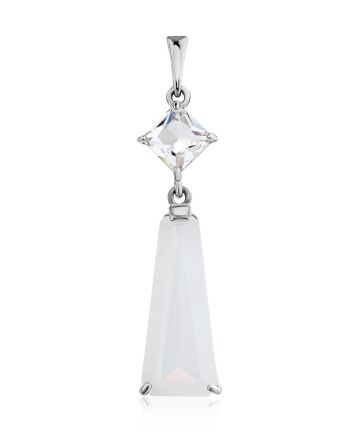 Silver Pendant With Square Rhinestone And Milky White Moonstone, image 